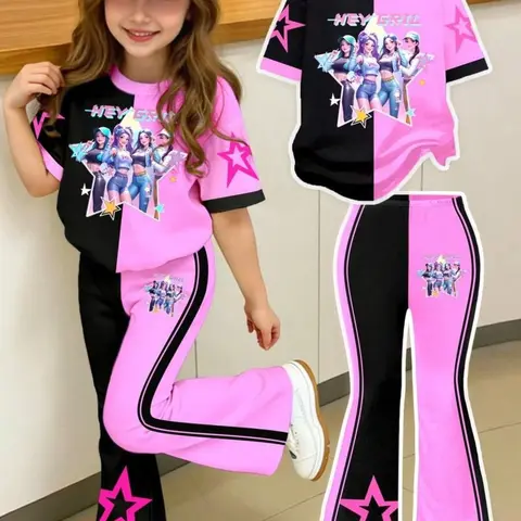 【Black Friday】Color-Block “Hey Gril” Graphic-Print Outfit Set for Tween Girls, Short-Sleeve T-Shirt and Slim-Fit Flared Pants, Trendy Two-Piece Set