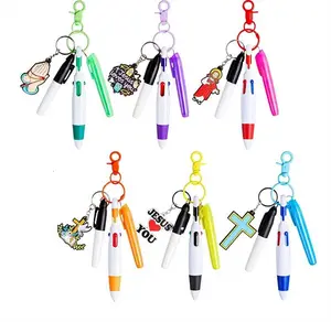 Christmas Gift 6 Sets Multifunctional Pens with Christian Badge Reel Highlighter Permanent Marker Retractable Ballpoint Keychain Assorted Color Pens Handy Nurse Pen, Stationery Supplies for Student Nurse Doctor Christian, Graduation Gift