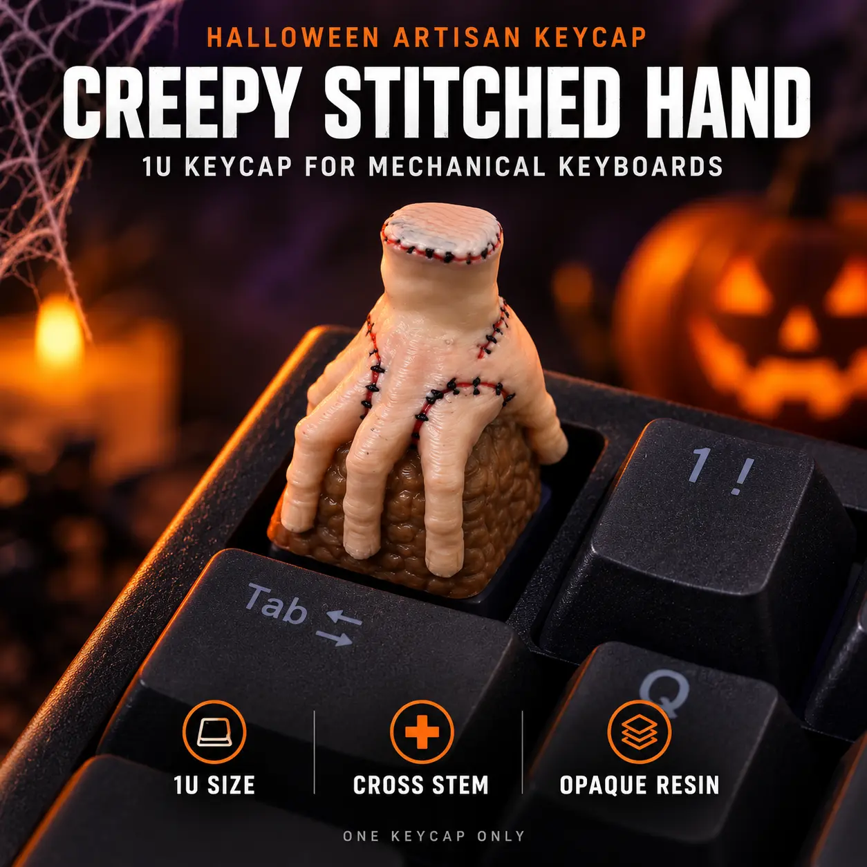 Halloween Creepy Stitched Hand Artisan Keycap 1U Single 3D Opaque Resin Keycap for Cross Stem Mechanical Keyboards Gothic Desk Decor Gamer Gift