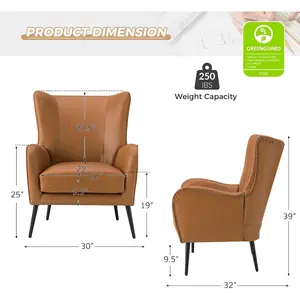 HULALA Home Faux Leather Accent Chair w/Removable Cushion, Comfy Upholstered Armchair with Black Metal Legs & Nailhead Trim Wingback Vanity Chair Desk Chair for Reading Living Room Bedroom, Camel