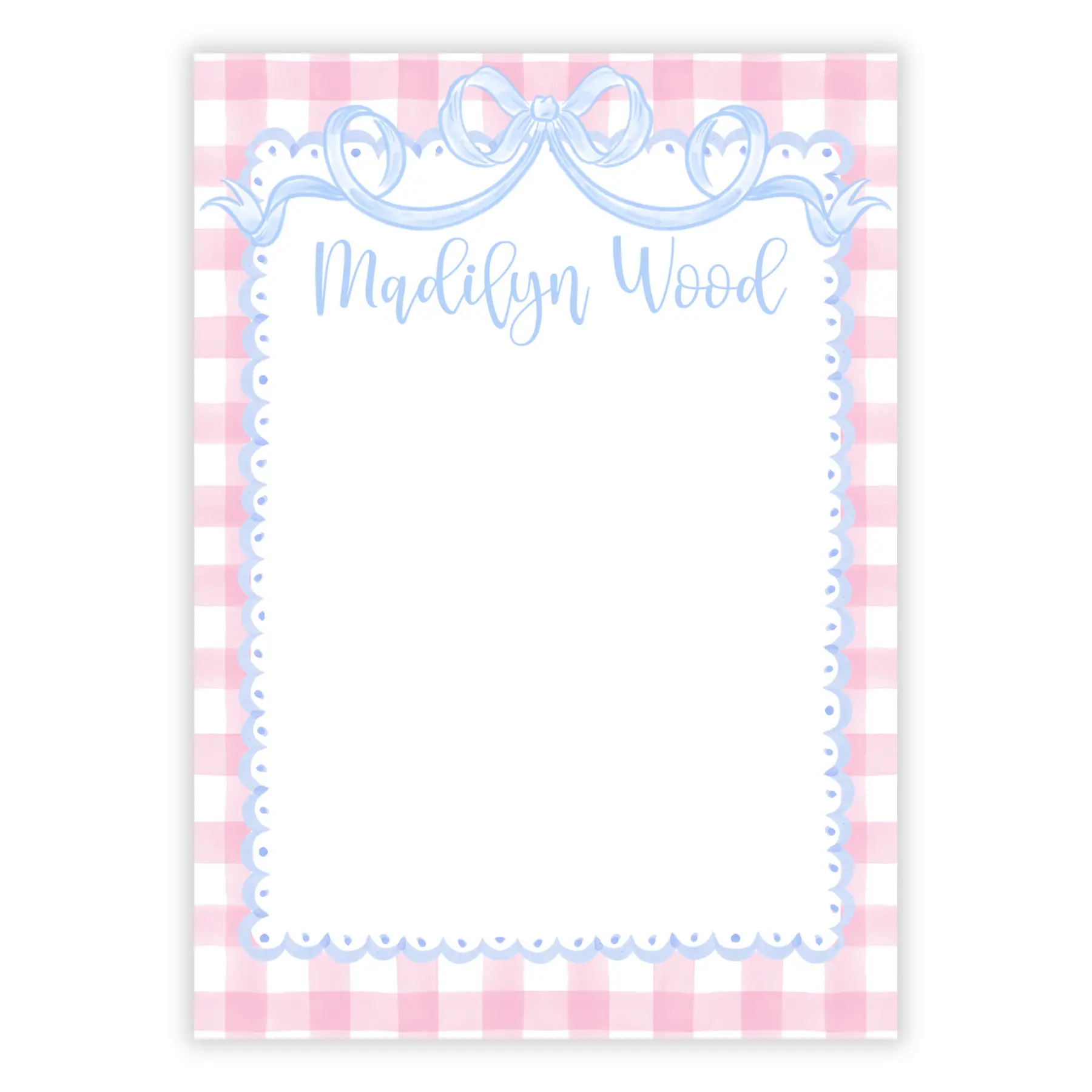 Pink Gingham Blue Bow Notepad