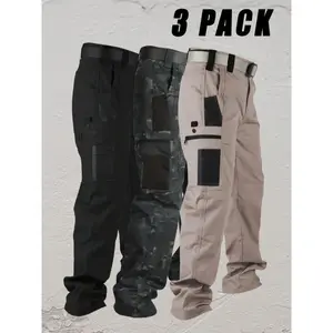 [Tactical Pants] 3pcs Men's Cargo Hiking Tactical Pants|   Elasticized Waist, Relaxed Straight Leg, Breathable & Durable - Outdoor Adventures Hiking, Camping, Fishing, and Casual Wear Menswear Polyester