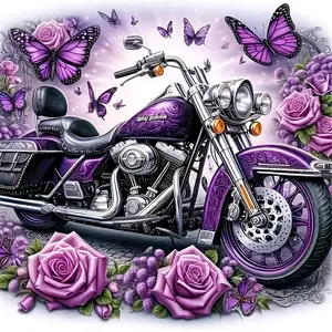 5D DIY Full Drill Diamond Painting Kit Purple Harley Davidson Motorcycle with Pink Roses and Purple Butterflies in a Decorative Frame Round Square Diamond Mosaic Craft for Home Wall Decor Unique Art Gift for Motorcycle and Flower Lovers Adults Kids
