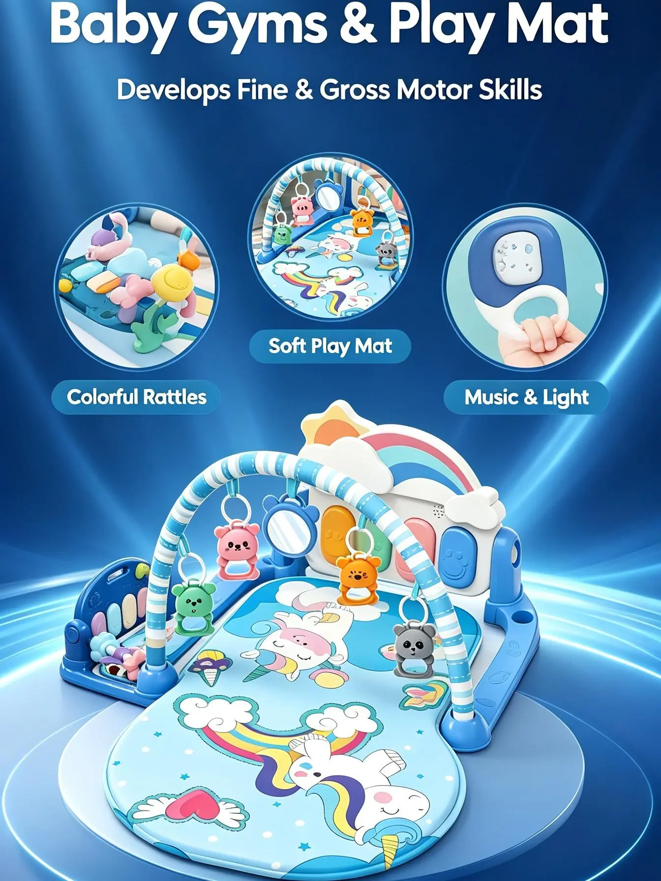 1 piece unicorn rainbow baby footrest piano fitness mat, pastel fresh playful design, Instagram-inspired early learning style, thick and soft crawling pad with colorful cartoon patterns and a musical bell,  sensory toy music light