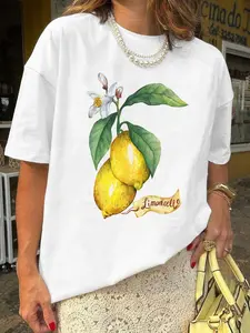 Women's Lemon Print Round Neck Tee, Casual Fruit Print Short Sleeve T-Shirt for Summer, Ladies Clothes for Daily Wear, Top
