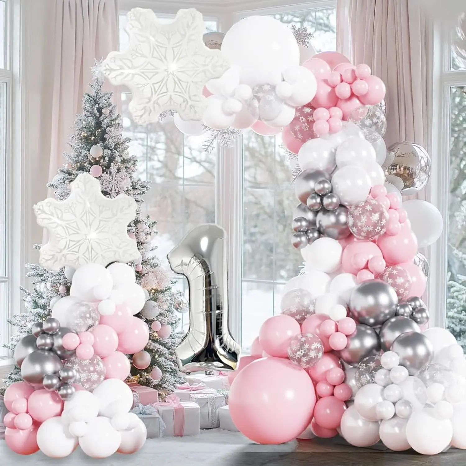 Pink Winter Wonderland Balloon Garland Kit for Girl First Birthday Party Decor