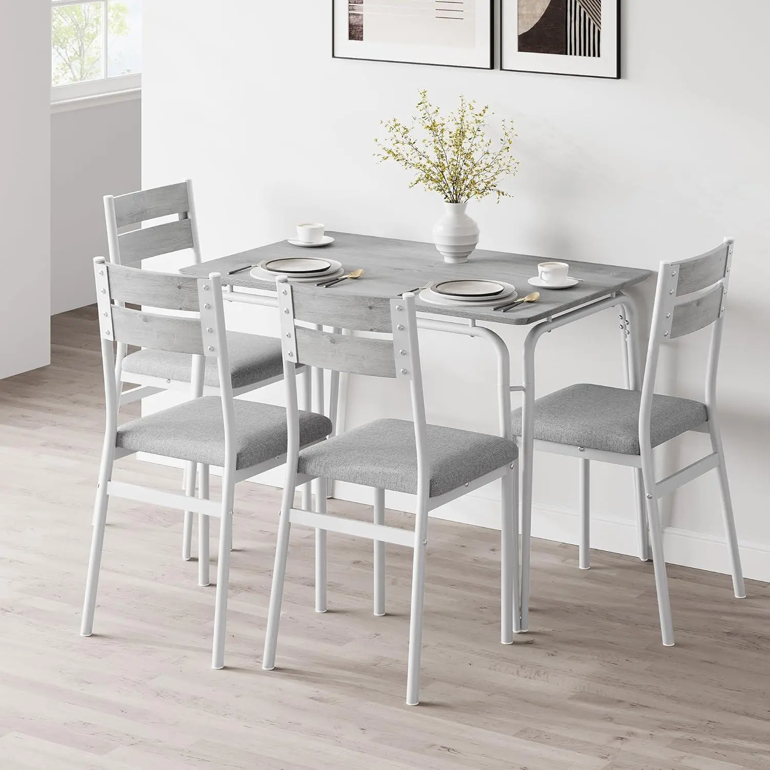 Space-saving 5-piece dining room set for 4 people – Modern dining table with 4 upholstered chairs – Ideal for small rooms, apartments or breakfast nooks – MDF tabletop – Washed gray