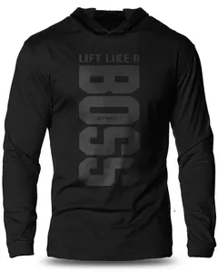 012. Lift Like A BOSS Lightweight Workout Long Sleeve Hooded Gym T-shirt for Men Cotton Menswear