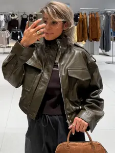 Women's Jacket Crop Faux Leather Bomber Jacket Autumn Fashion Green Black Outerwears New In Womenswear Coats & Jackets Casual Elegant Fitted Zip-Up High Neck Long Sleeve Short Jacket With Pockets