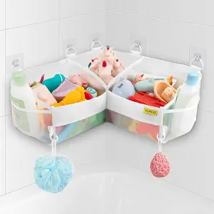 3 Compartments Corner Bath Toy Holder, Kids Bathtub Toy Organizer with Adhesive Hooks, Quick-Drying Machine-Washable Mesh Bathroom Organizer for Tidy Bathtub