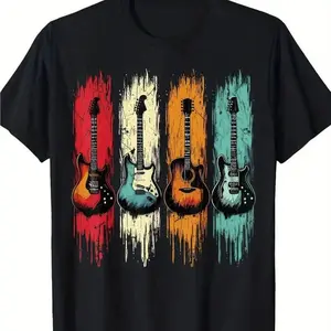 Vibrant Retro Guitar Stripes Graphic Cotton Short Sleeve T-Shirt - Round Neck Unisex Tops Tees T-Shirts