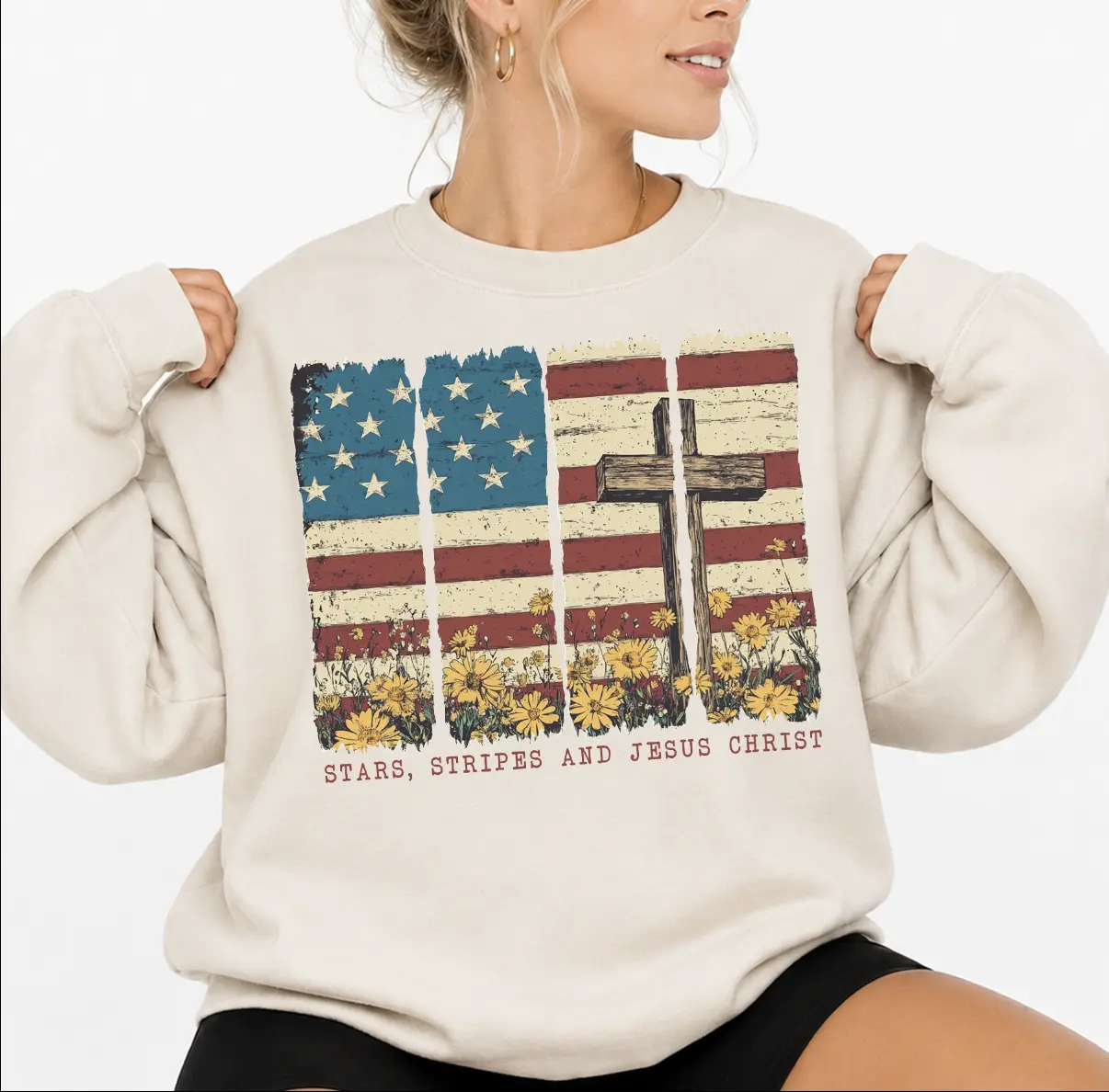 Stars and Stripes and Jesus Christ Crewneck Sweater, 4th of July Christian Religious Faith Shirt, Red White Blue USA 4th July Tee, Independence Day Gift for Her