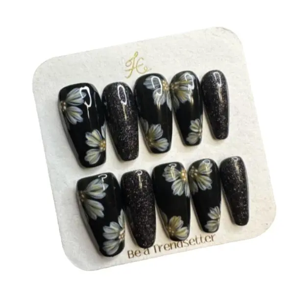 V17 Black chrysanthemum petals elegant high-grade press on-  press-on nail Long Diamond reusable fake Press on nails christmas wreath