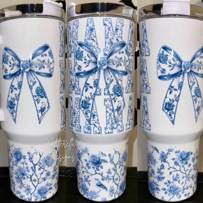 Blue Bow Coquette Mama 40oz Tumbler Handmade Double Insulated Stainless Steel Water Bottle with Handle Locking Lid & Plastic Straw Drinkware