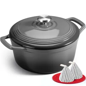 Overmont Enameled Grey Cast Iron Dutch Oven with Lid – Heavy Duty Casserole Pot for Braising, Stews, Roasting & Bread Baking, Includes Cookbook & Cotton Potholders
