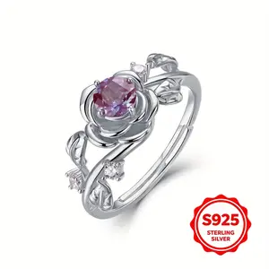 S925 Silver Fashionable and Elegant Open Ring for Women Set with Alexandrite 5 * 5mm Quality Jewelry Vintage Luxury Style Rose Shape Suitable for Gift giving Daily Banquets Birthday Parties Wear Mother's Day Gift Silver Weight 3.7g