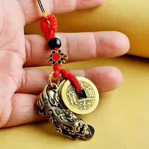 A Brass Red String Keychain with Copper Plaque and Gold Coin Pendant - Traditional Chinese Good Luck Key Ring for Women - Elegant Gift for Any Occasion