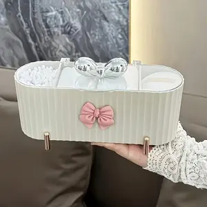 1pc 3-Grid Cosmetic Storage Box, a Cute Bow Straw Powder Storage Box, Large Capacity Transparent Lid Storage Box, Suitable for Bathroom, Vanity, Storage Decoration, Ideal for Birthday Gifts, New Year, Christmas Gifts, And Holiday Presents