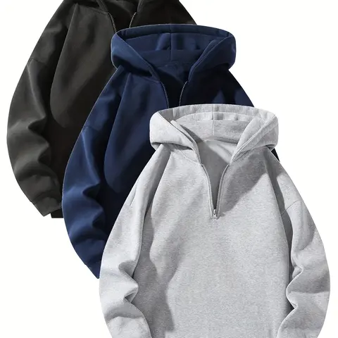 Men’s essential half-zip long-sleeve hoodie — solid color, comfortable, relaxed drop-shoulder fit, loose silhouette, casual street style, 100% polyester fiber, suitable for autumn, modern fashionable men’s top, solid-color men’s sweatshirt