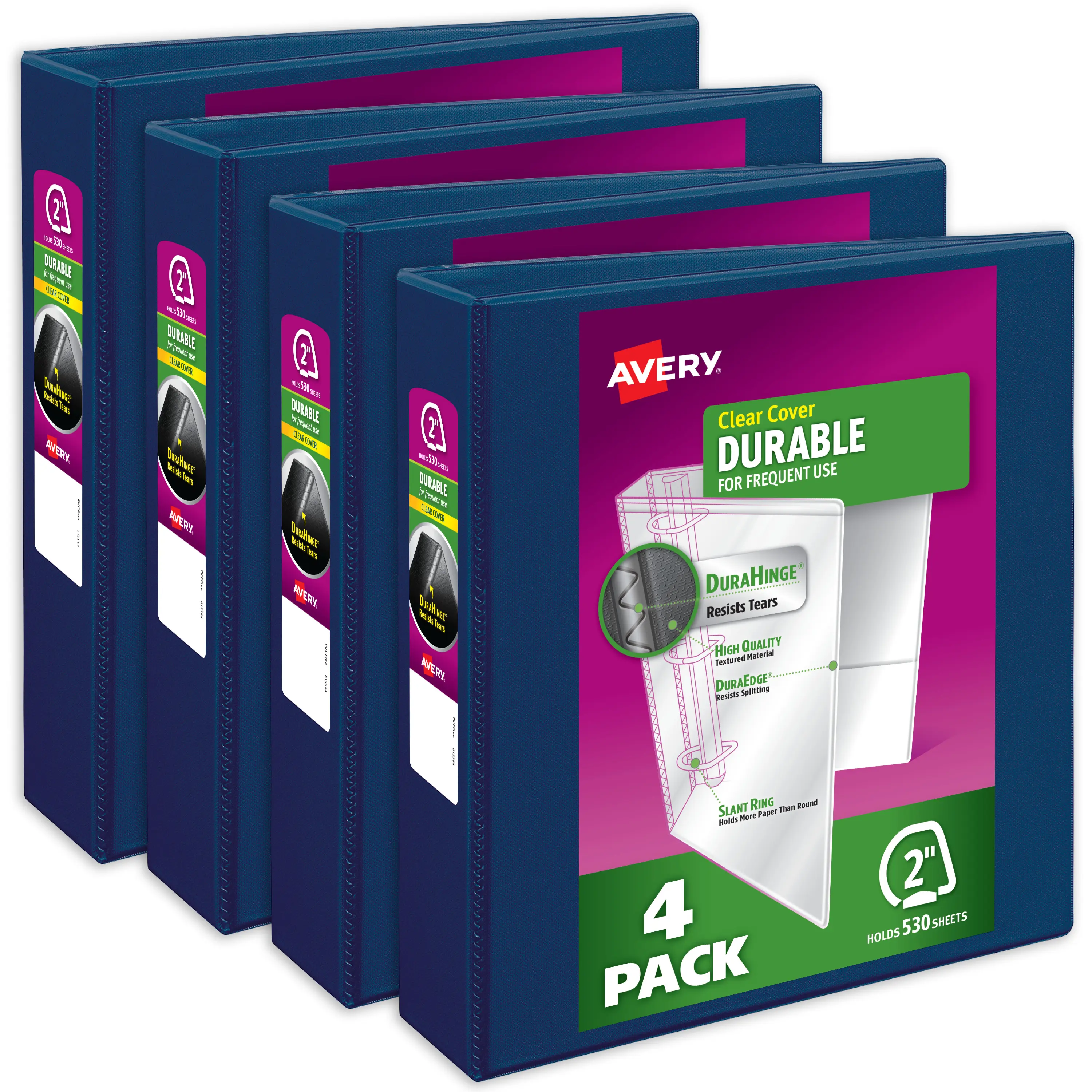 Avery Durable View 3-Ring Binders (4-Pack, 17034) - 2 in Slant Rings, 530-Sheet Capacity, DuraHinge, 2.8 in Wide Spine, Customizable Covers & Spine, Dark Blue - School, Life, Important Document, Presentation, Customizable Tabs Binders, School Binder