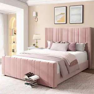 Full/ Queen/ King Bed Frame With Tall Wingback Headboard, Upholstered Bed Frame With Headboard And Footboard, Vertical Channel Tufted Design, No Box Spring Needed, Easy Assembly, Pink/ White/ Grey