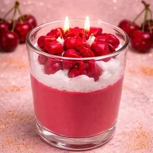 Cherry Double Wick Candle with Red Cherry Accents Decor Gift Cozy Ornaments Decoration Double Wick Design Red White Wax Heart Accents Romantic Settings