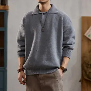 Men's Drop Shoulder Solid Color Knit Sweater with Turn-Down Collar and Button Closure, Casual Loose Urban Fashion High-Quality Men's Top, Warm and Comfortable, Suitable for Autumn and Winter, Available in Large Sizes S-5XL
