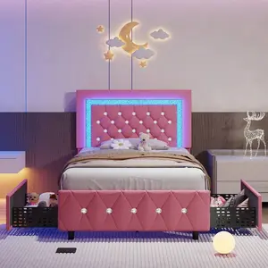 Twin/ Full/ Queen/ King Size Bed Frame With Storage Drawers, Upholstered LED Bed Frame With Headboard, Modern Platform Bed Frame With Headboard And Footboard, Diamond Tufted Design, No Box Spring Needed (Twin Size 2 Drawers/ Other Size 4 Drawers)