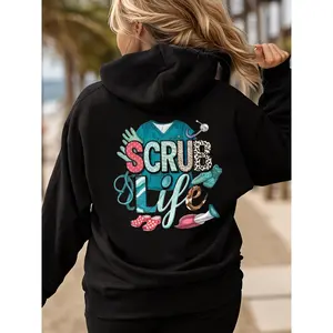 Graphic Hooded Hoodie - Long Sleeve Medical Design with Stethoscope & Nurse Life Print, Black, Casual Medical Staff Apparel |       Vibrant Print Quality |       Hooded for Women Sweatshirt Womenswear Tops Fitted