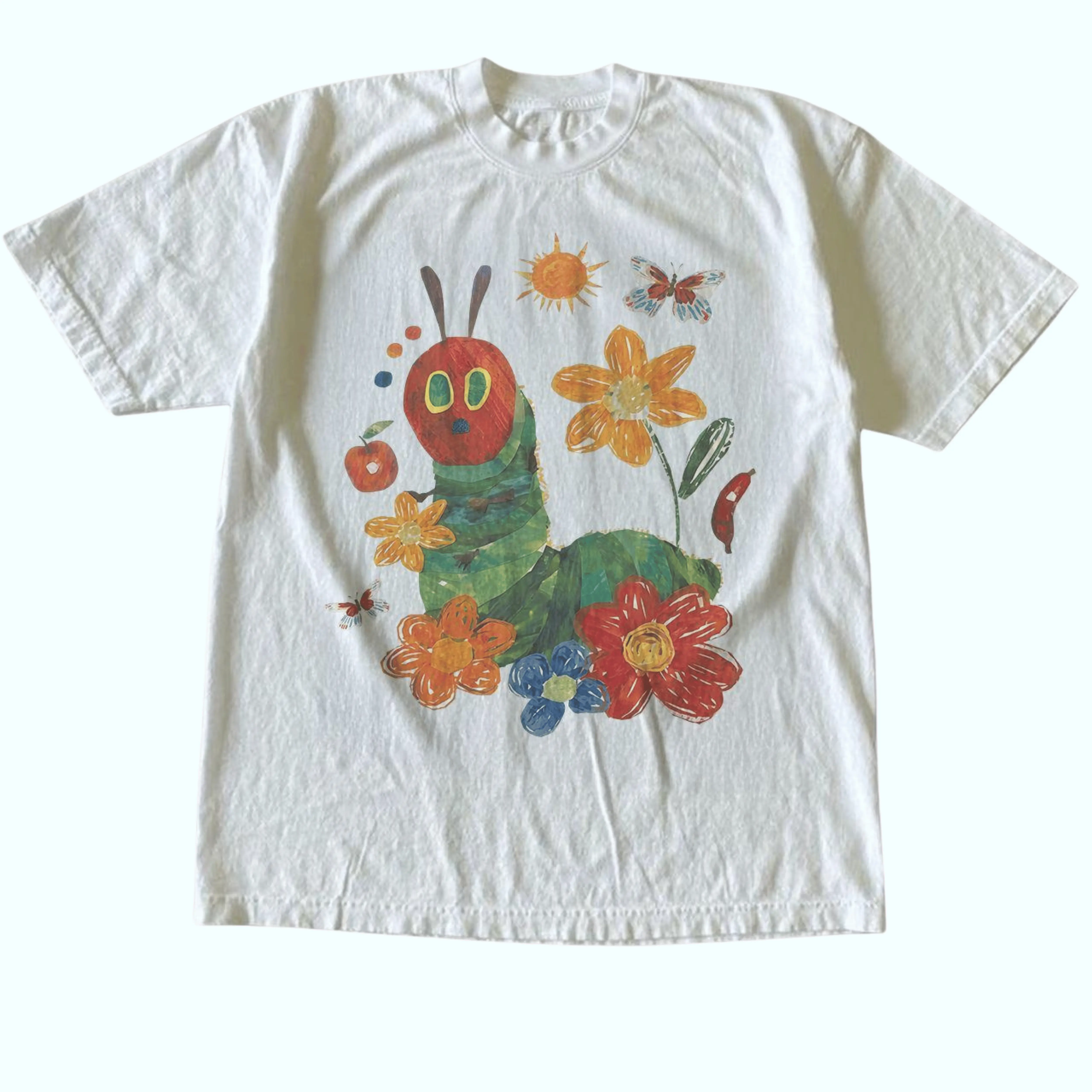 Men's and Women's T-Shirt, Vintage Style Flowers And Caterpillar Teacher Graphic Tee, Unisex Casual Top, Preschool Elementary Teacher Shirt, Cute Storybook Insect Floral Apparel, Matching Couples Outfits, Unique Birthday Present, Premium Cotton