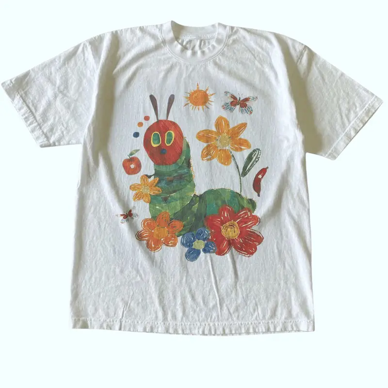 Men's and Women's T-Shirt, Vintage Style Flowers And Caterpillar Teacher Graphic Tee, Unisex Casual Top, Preschool Elementary Teacher Shirt, Cute Storybook Insect Floral Apparel, Matching Couples Outfits, Unique Birthday Present, Premium Cotton
