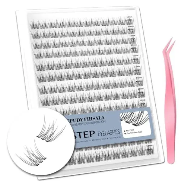 No-Stem Lash Clusters with Glue 10-12mm Short Eyelashes 156pcs Clear Invisible Band One-Step Easy Apply DIY, Natural Soft Wispy C-Curl Individual Eyelash Extensions with Tweezers EPUDY FIHSALA