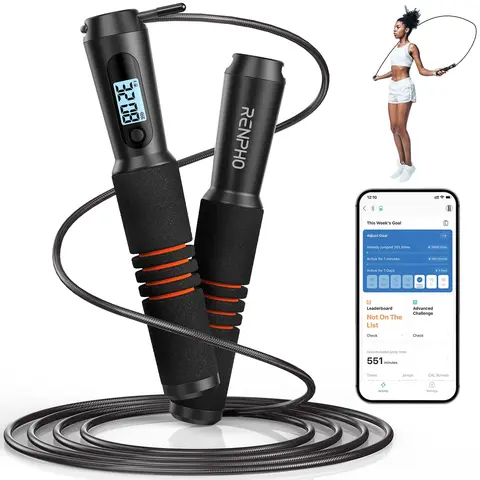 RENPHO Unisex Smart Adjustable Fitness Skipping Rope - Bluetooth 4.0, LED Display, Counter, Non-Slip Foam Handles, APP Data Storage, PVC Steel Wire for Toughness, 3 Hall Sensors, Home Workout Equipment, Summer Gift for Fitness Enthusiasts