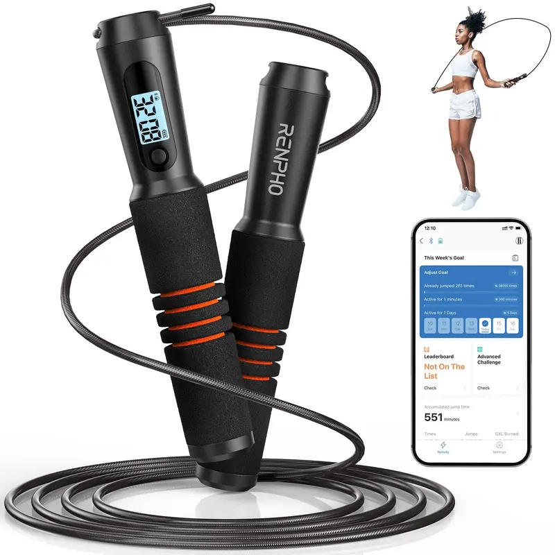 RENPHO Unisex Smart Adjustable Fitness Skipping Rope - Bluetooth 4.0, LED Display, Counter, Non-Slip Foam Handles, APP Data Storage, PVC Steel Wire for Toughness, 3 Hall Sensors, Home Workout Equipment, Summer Gift for Fitness Enthusiasts