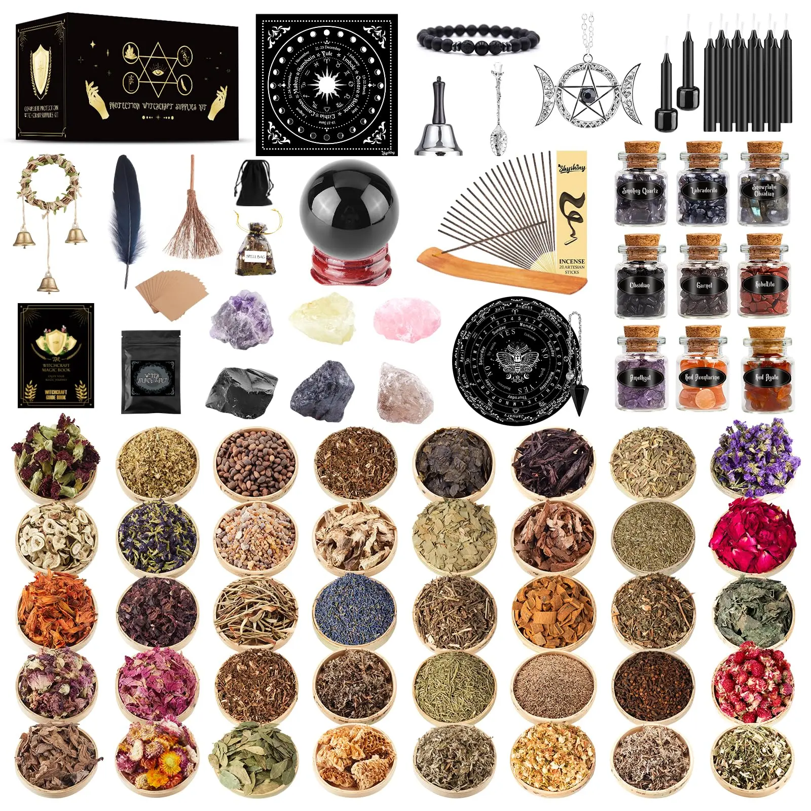 Wiccan Supplies and Tools for Protection, 130Pack Witchcraft Supplies Witchy Gift for Beginners, Dried Herbs, Crystals, Candles, Witch Starter Spell Kit