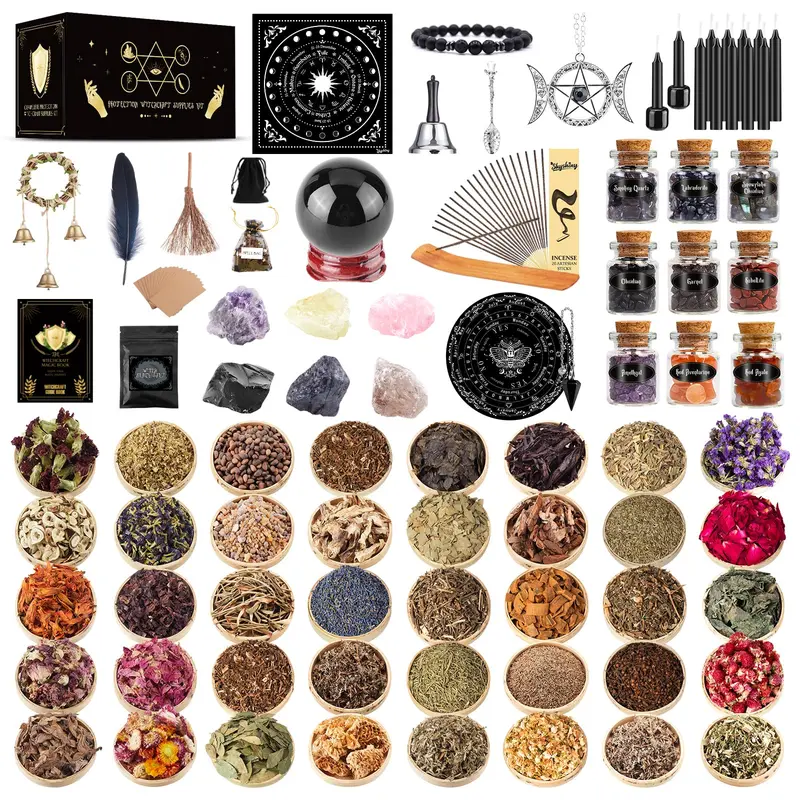 Wiccan Supplies and Tools for Protection, 130Pack Witchcraft Supplies Witchy Gift for Beginners, Dried Herbs, Crystals, Candles, Witch Starter Spell Kit