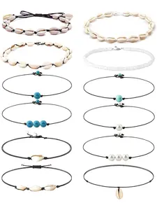 Natural 12 Pcs Bohemian Shell Necklaces Adjustable Puka Beaded Necklaces for Women Men Novelty Chokers Necklaces Shell Necklaces Summer Beach Y2K Necklaces