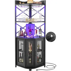 Aheaplus Corner Bar Cabinet with Power Outlet, Industrial Wine Cabinet with LED Strip and Glass Holder, 5-Tiers Liquor Cabinets Bar Unit for Home, Corner Display Cabinets for Small Space, Black