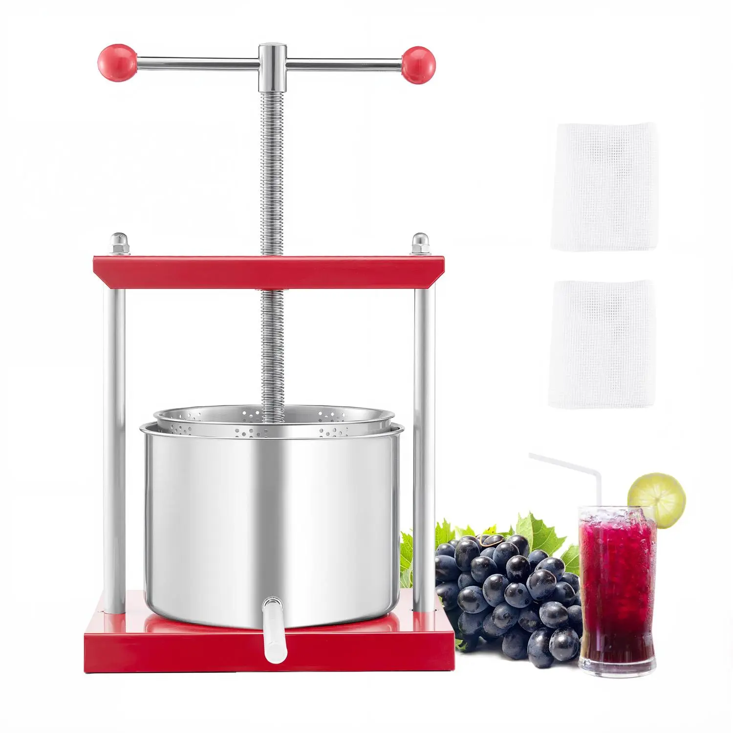 【Summerfinds】VEVOR 1.6 Gal/6L Fruit Wine Press, 2 Stainless Steel Barrels, Manual Juice Maker, Cider Apple Grape Tincture Honey Olive Oil Making Press with T-Handle for Outdoor Kitchen Home