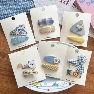 Cute Kawaii Plaid Flower Cat Fabric Hair Clips Sweet Aesthetic Daily Hair Accessories For Girls