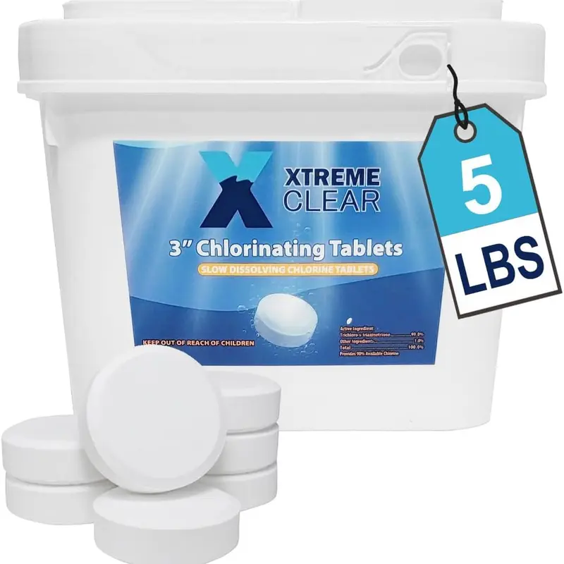 XtremepowerUS XtremeClear 3 In Round Pro-Grade Tri-Chlor Pool Tablets, 5lbs Slow-Dissolve UV-Stable Sanitizer for Sunny Days, Individually Wrapped for Pools & Hot Tubs, Adjustable Release Rate, 1Tab for 5000 Gal, Low-Effort Water Maintenance, Money-Saving