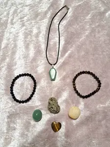 Prosperity & Abundance 7-Pc Energy Set - Aventurine Raw Pyrite Tigers Eyes Blue Goldstone Orange Calcite Tumbles Crystals Gemstones Necklace Bracelets Sets