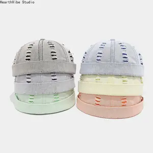 1PC Broken Hole Landlord Hats Men's Street Hip-hop Caps Melon Dome Denim Sailor Hat Classic Vintage Style Brimless Adjustable Strap Fits Men Women