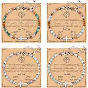 Women's 4PCS Adjustable Beaded Waterproof Natural Stone Cross Bracelets - Christian Female Daily Jewelry, Ideal Gifts for Religious Confirmation, Baptism