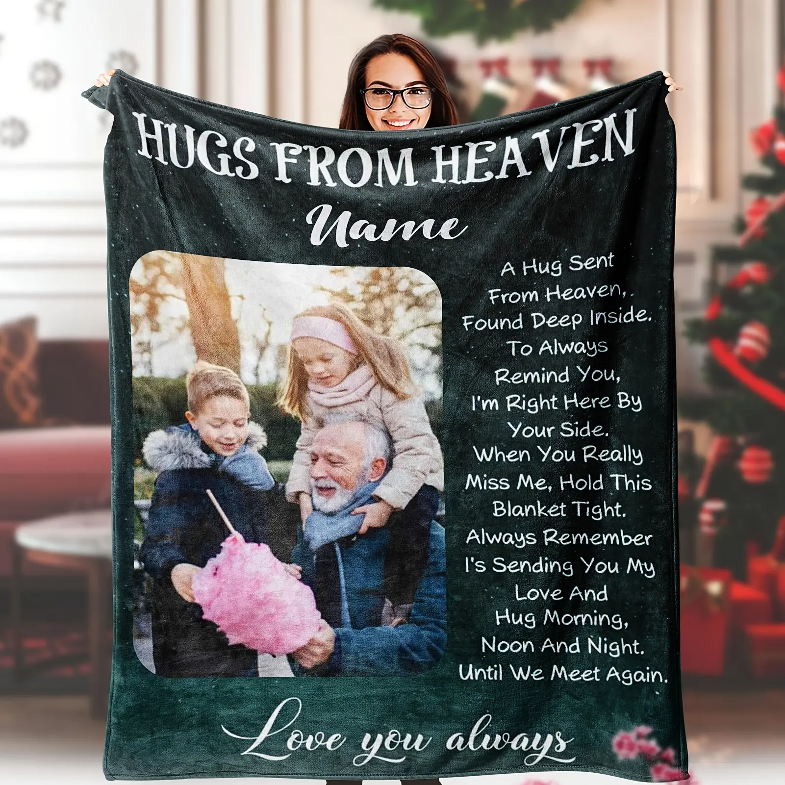 1pc Custom Commemorative Soft Flannel Throw Blanket - "Hugs from Heaven" Personalized Photo & Name, Breathable All-Seasons, Bereavement Home Supply Gift for Grieving Family Members, Bereavement Gift, Print, Customized