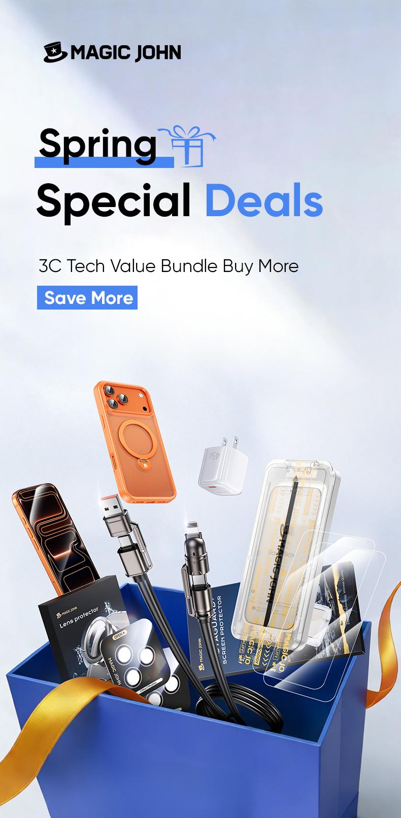 MAGICJOHN Digital Value Bundle for iPhone17/16/15Pro&Pro Max Includes HD or Privacy Tempered Glass Screen Protector, Camera Lens Protector, 360° Rotating Magnetic Stand Phone Case, 45W Super Fast Charger, and 65W USB-C 4-in-1 Charging Cable fathersdaygift