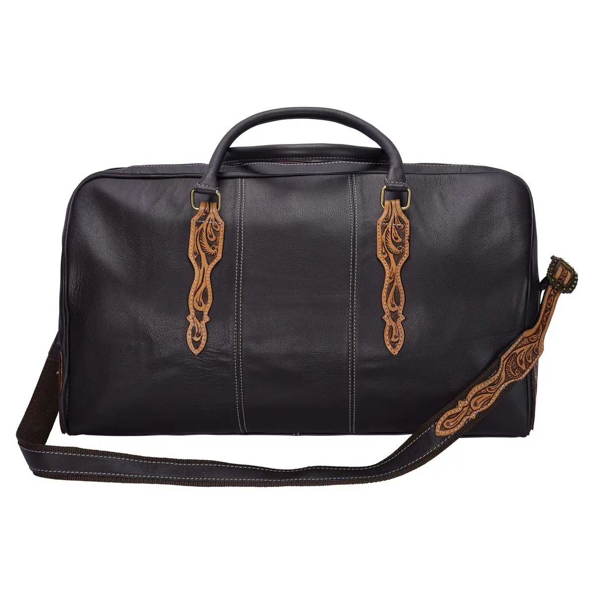 Schneiders Large Tooled Leather Duffle Bag, 21" long x 14" tall x 9 1/2" wide, Exquisite Tooled Leather Detailing, Fully Nylon-Lined, for Business Trips with Equestrian Elegance, Gusseted Opening, High-Capacity, Leather Overlay, One Inside Zipper Pocket