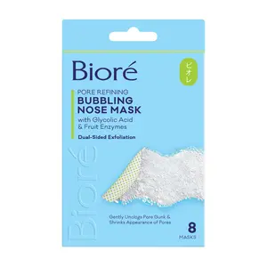 Biore Pore Refining Bubbling Nose Mask with Glycolic Acid & Fruit Enzymes - Dual-Sided Exfoliation for Smaller Pores - 8 Masks + Free Mini SPF 50 Sunscreen Gift