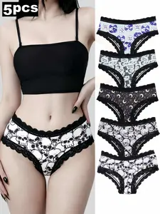 5-Pack Women's Triangle Underwear Set, Lace Trim, Gothic Skull Print, Comfortable Casual Lingerie, Halloween Inspiration, outfitinspo & baddie & halloween & lingerie & theboys & Gothic Skull print
