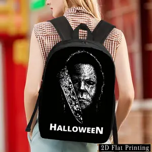 Halloween Backpack with Horror Mask Design - Large Capacity School, Travel, Everyday Backpack - Adjustable Shoulder Straps & Zipper Closure - Lightweight Backpack for Halloween Party Costume or Casual Use - Spooky Backpack Bag, Side Pocket Storage, for T